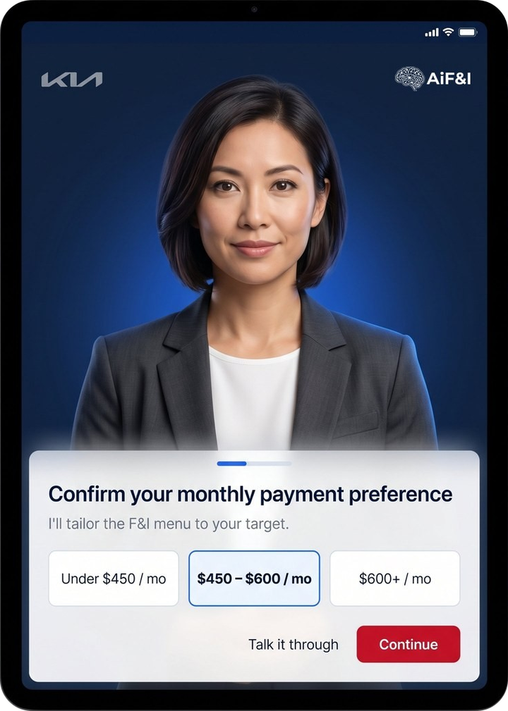 The AiF&I Customer Advocate on iPad, walking a customer through their monthly payment preference
